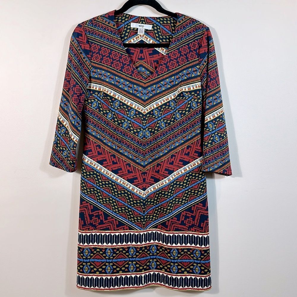 Wisp Aztec Print Pullover Mini V-Neck Dress 3/4 Sleeve Boho Festival Size 4